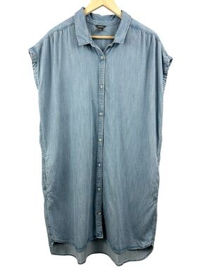 Eddie Bauer Button Up Chambray 100% Tencel Lyocell Shirt Dress Pockets Size XL